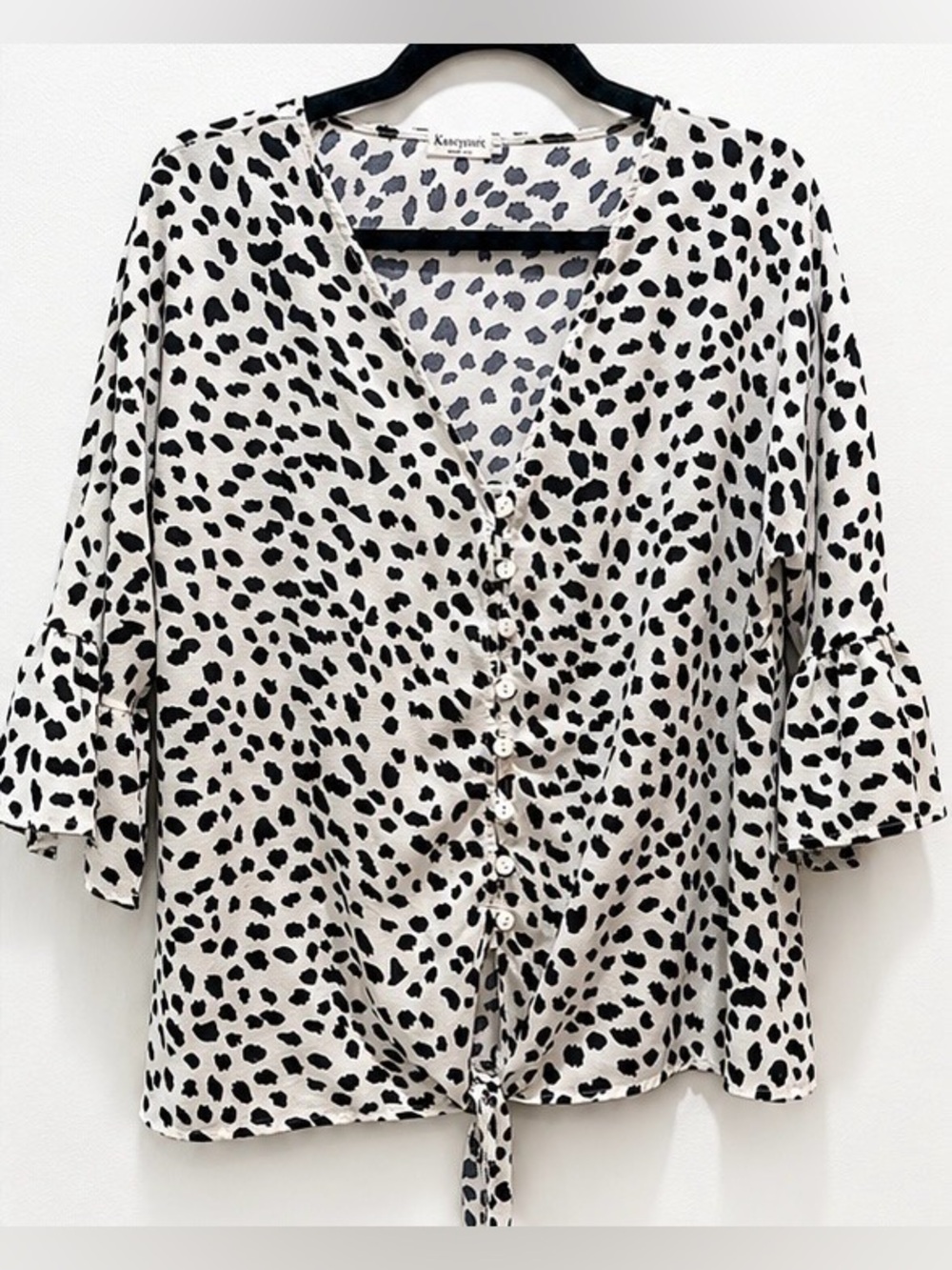 Kancystore Dalmatian Print Tie Front Blouse Bell Sleeve Top Size L
